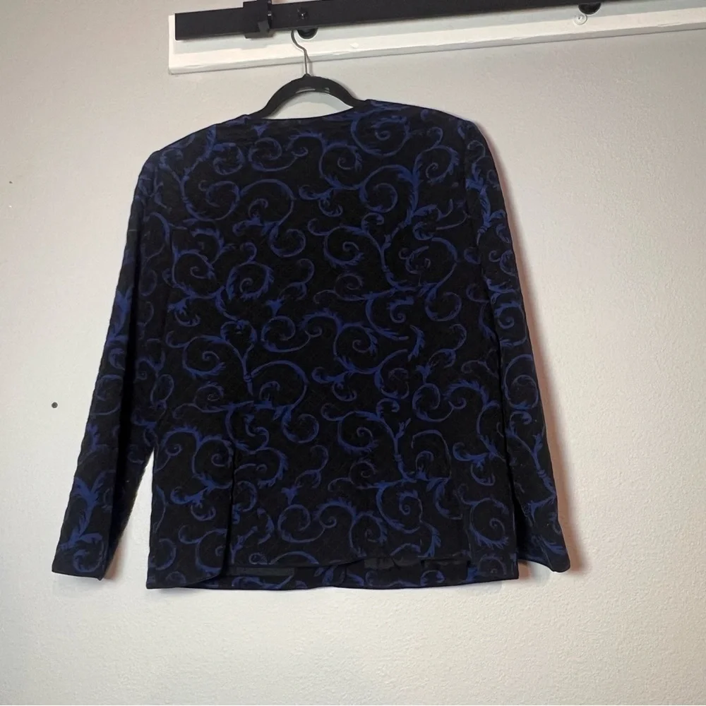 Talbots Quilted Blazer Jacket Button Up Blue Black Silk Swirl Size 14 Flaw